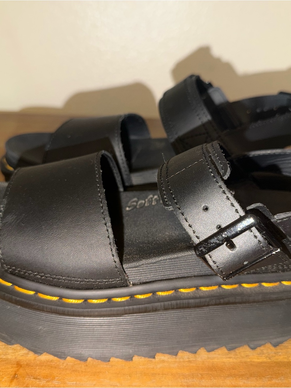 Dr. Martens Black Leather Platform Sandals with Yellow Stitching - Picture 3 of 7